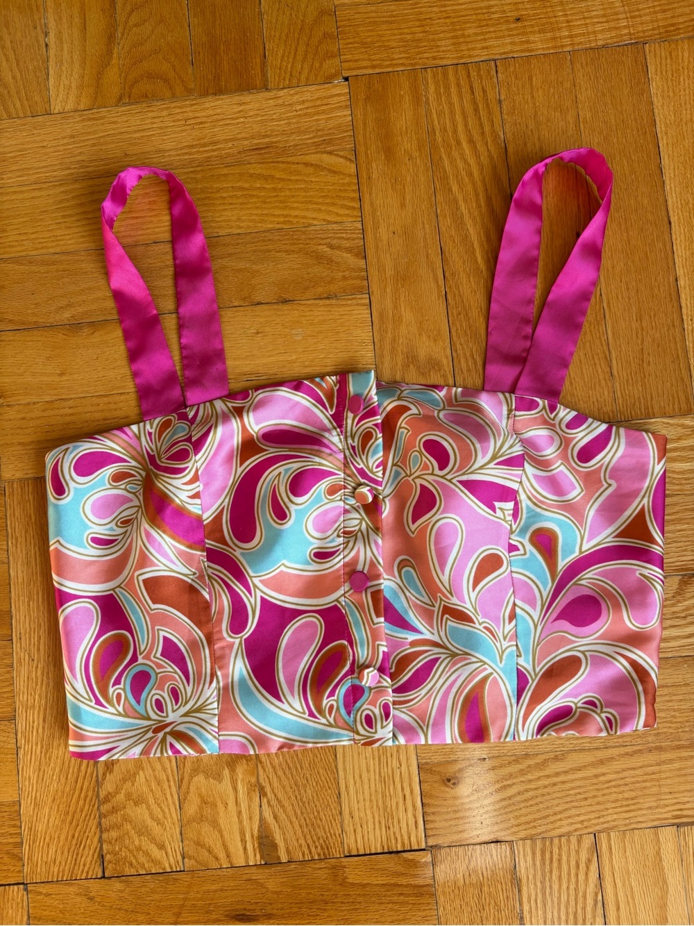 Pucci Style Zara Pink Multi Floral Print Satin Crop Tank Top
